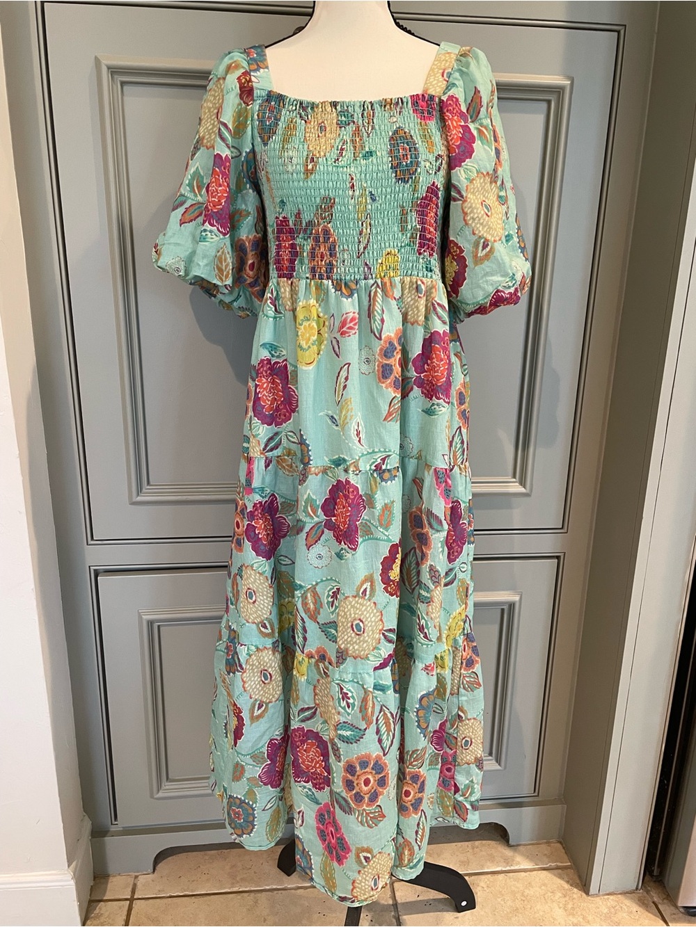 THML Floral Smocked Midi Dress Aqua Puff Sleeve Cottagecore Summer Modern Boho